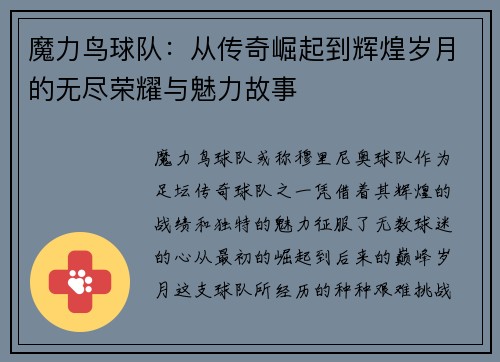 魔力鸟球队：从传奇崛起到辉煌岁月的无尽荣耀与魅力故事