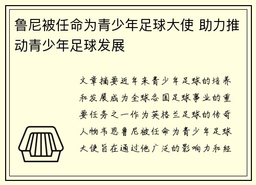 鲁尼被任命为青少年足球大使 助力推动青少年足球发展